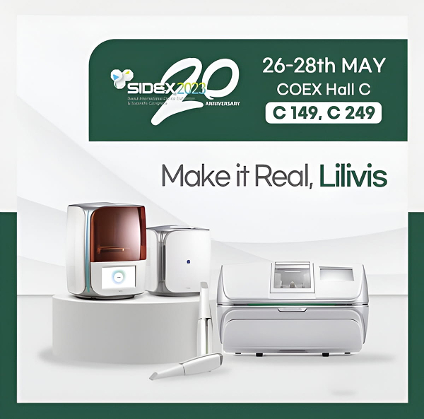 Lilivis exhibition booth at SIDEX 2023 showcasing digital dentistry solutions including 3D printers and implants.