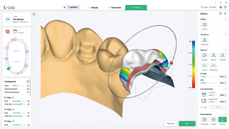 L-CAD interface deform stage displaying cross-sectional view of cement gap for dental prosthesis adjustment.