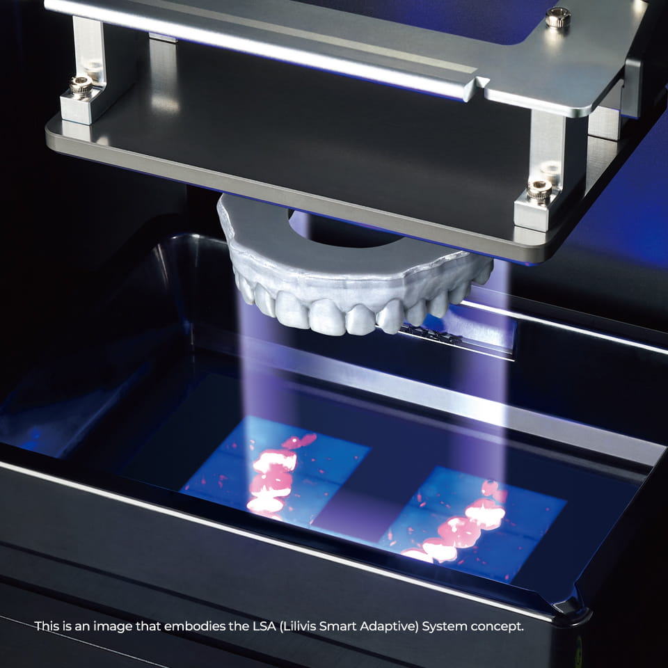 Lilivis Smart Adaptive LSA System concept showing a dental model denture printing inside a 3D printer with UV light.