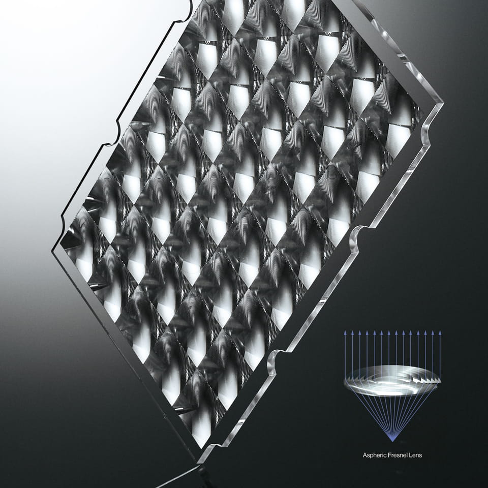 Patented aspherical Fresnel Lens and Array design maximizing light uniformity for Lilivis PRINT dental 3D printer.